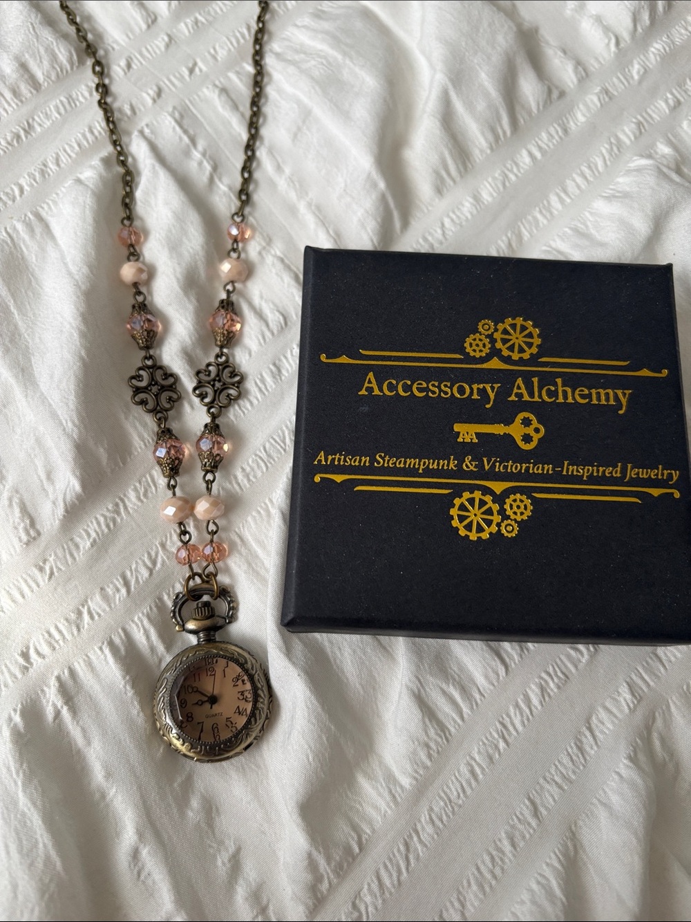 Accessory Alchemy Pink Beaded Steampunk Pocket Watch Necklace
